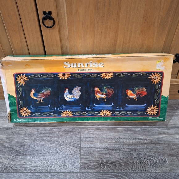 Certified International Sunrise Rooster 4-Section Serving Tray, Blue Ceramic - Picture 7 of 10
